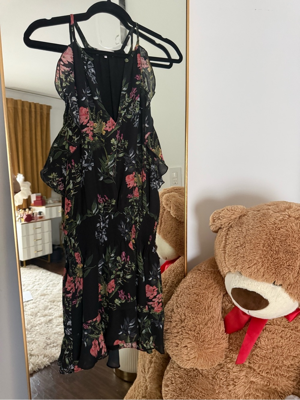 Parker Black Floral Cold-Shoulder Dress with Pink & Green Blooms